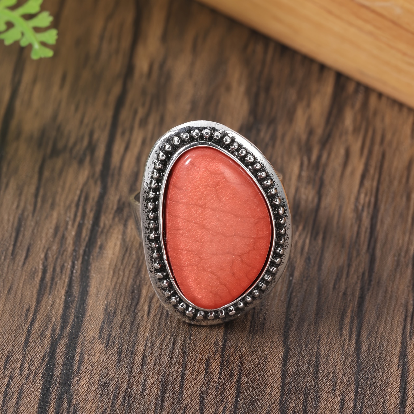 Boho Adjustable Orange Resin Ring Vintage Silvery Stainless Steel